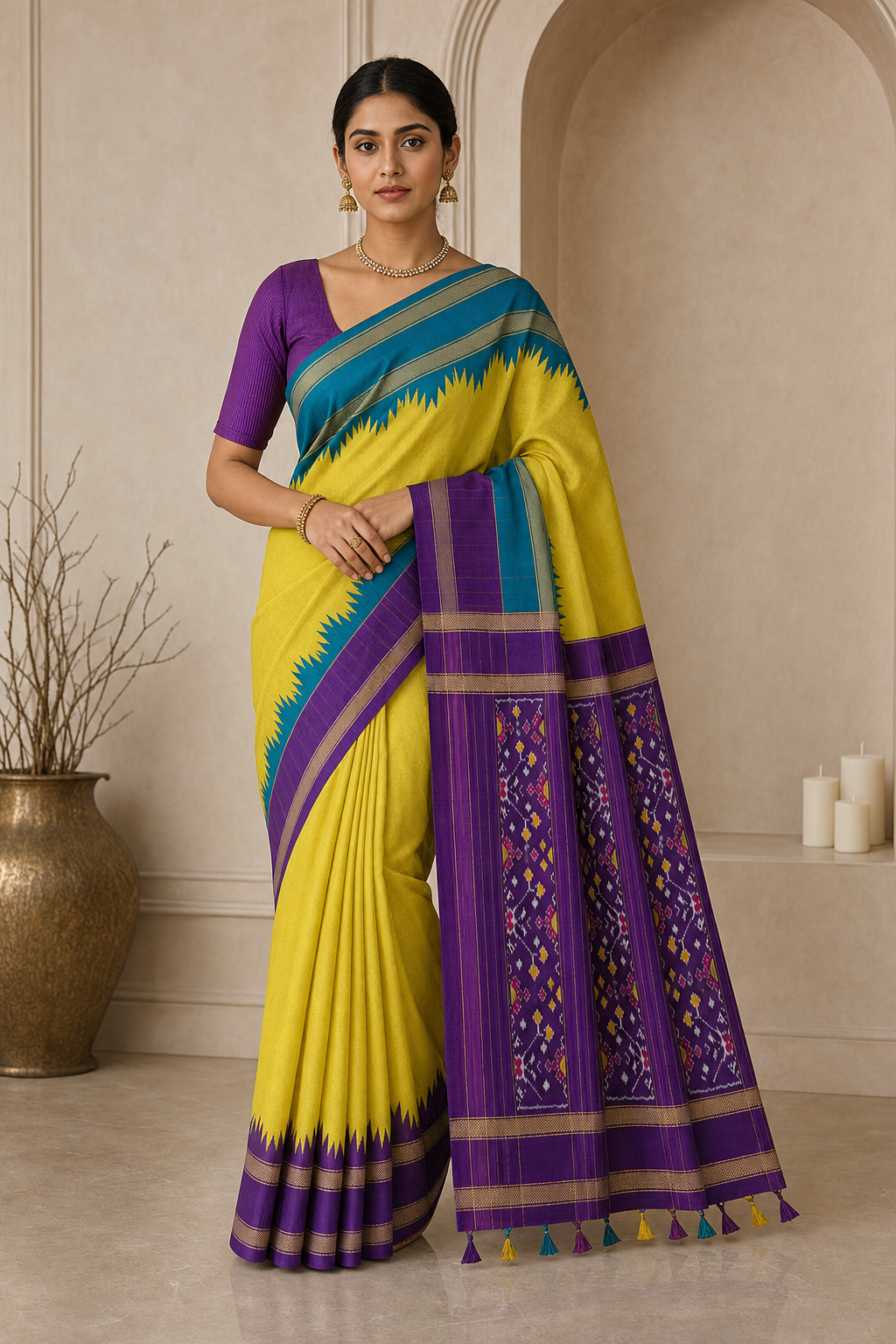 Lime Purple Ikat Patola Saree - Front View
