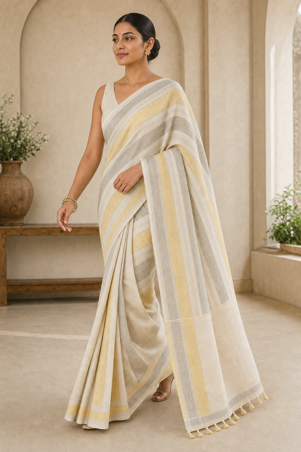 Pastel Yellow Striped Linen Saree - Walk View