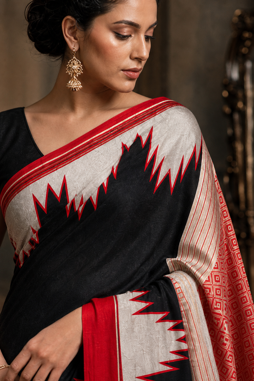 Black and Gold Muga Silk - Closeup View
