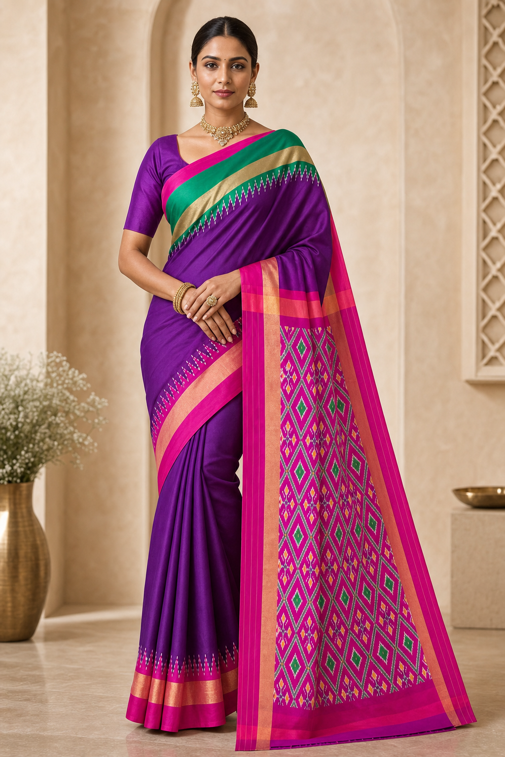 Emerald Violet Ikat Patola Saree - Front View