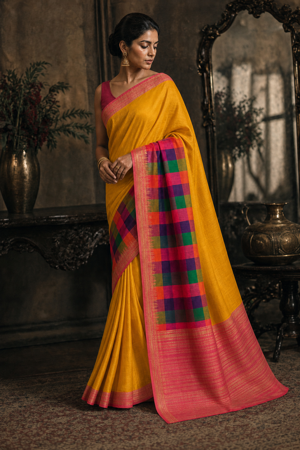 Mustard Checks Pallu Silk Saree - Walk View