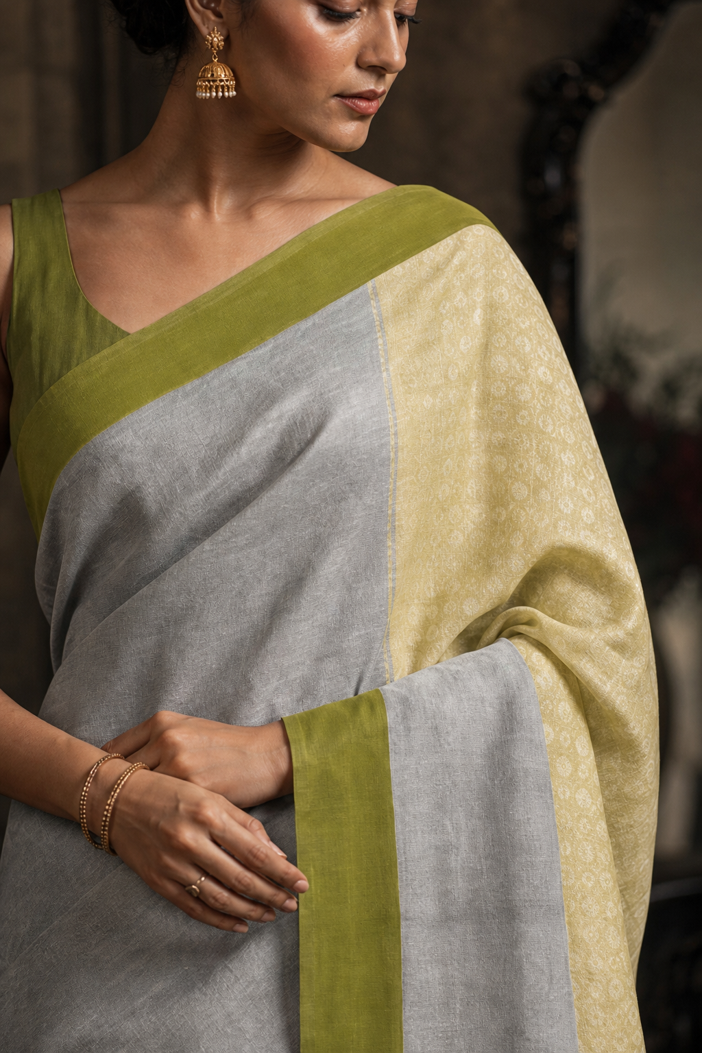 GREY SILVER TINED OLIVE GREEN BORDER MUGA SILK - Closeup View
