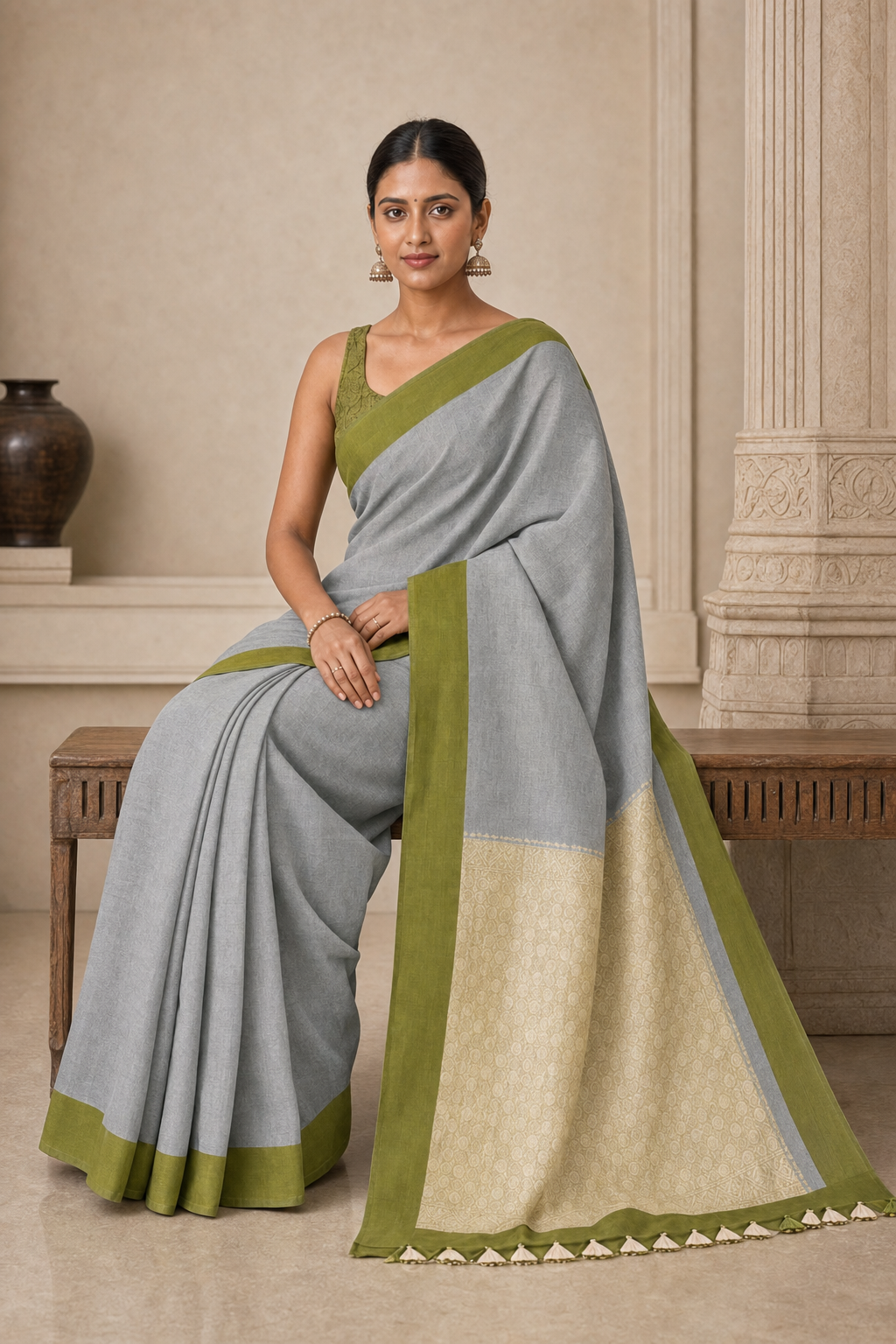 Grey Silver Toned Olive Green Border Muga Silk - Back View