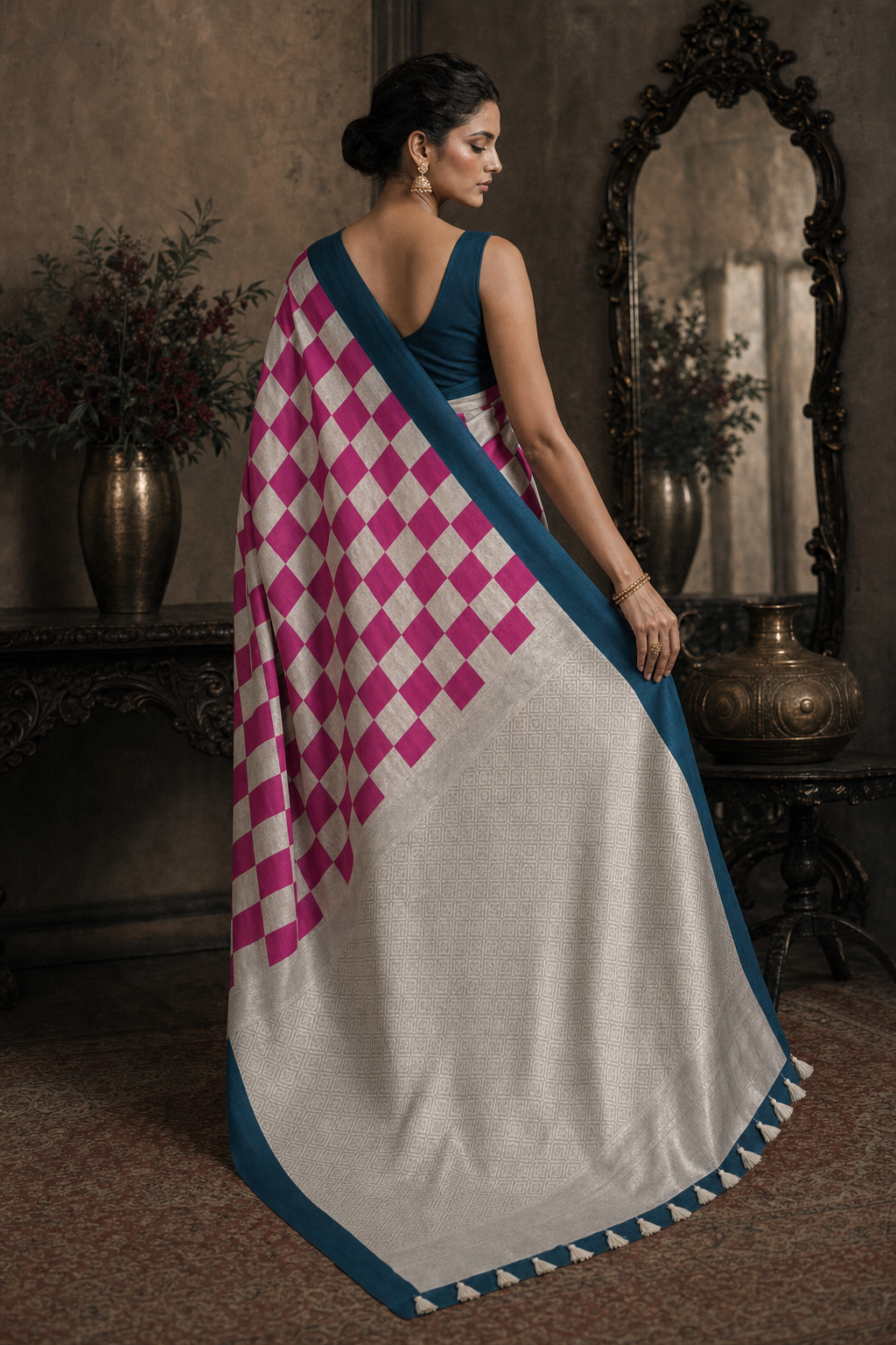 RANI AND ANTIQUE SILVER ZARI CHEX MUGA SILK SAREE - Back View