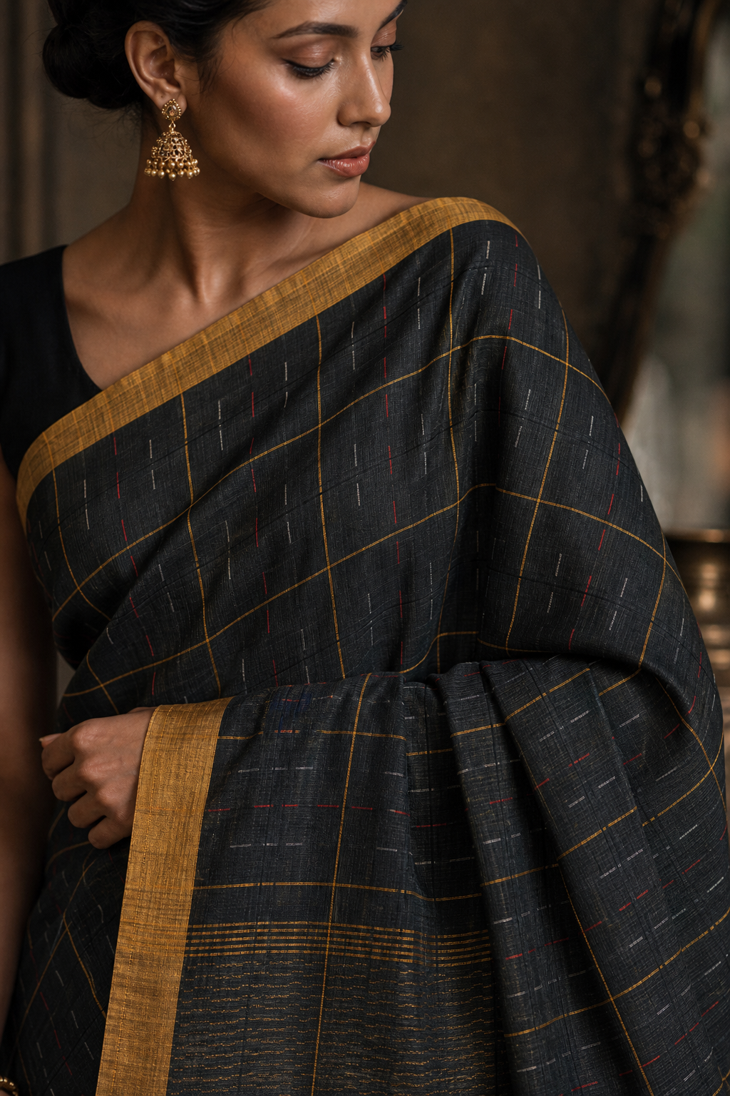 Classic Black South Silk Saree - Closeup View