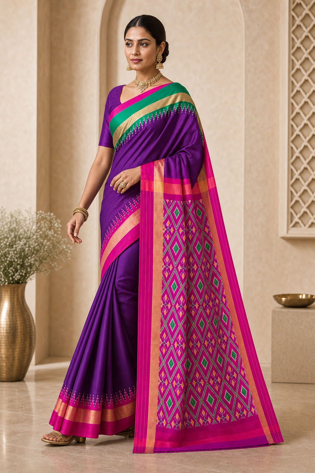 Emerald Violet Ikat Patola Saree - Walk View