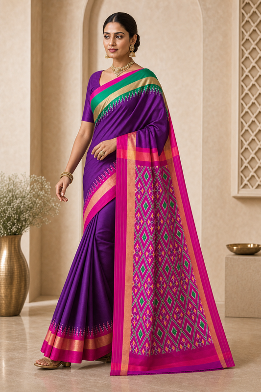 Emerald Violet Ikat Patola Saree - Walk View