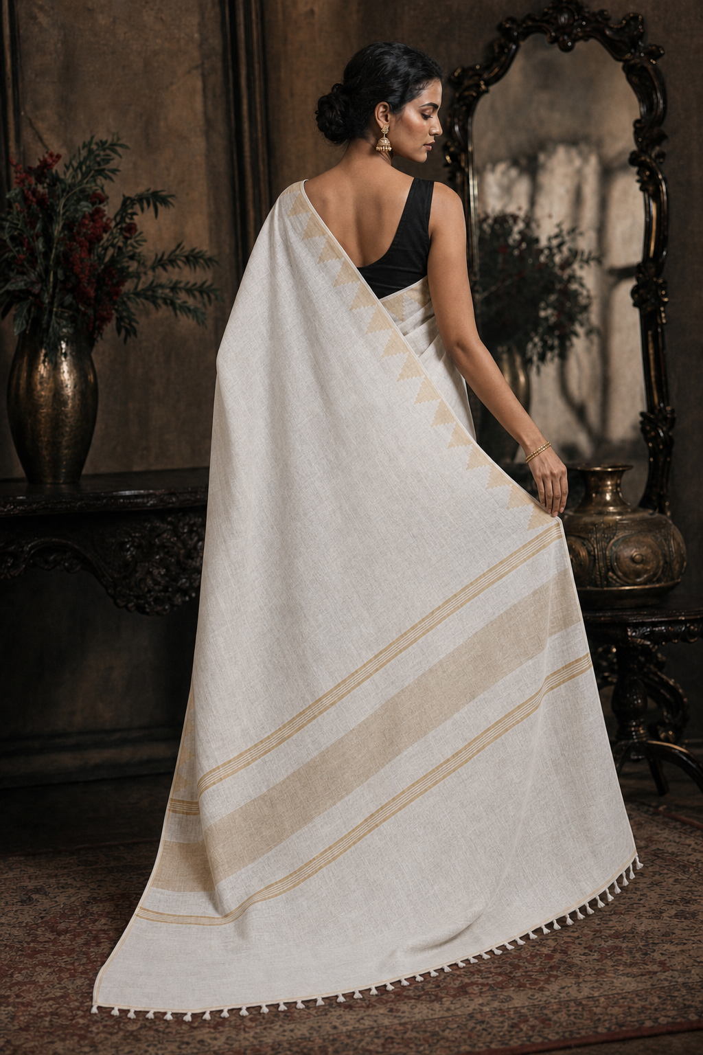 Elegant Off White Linen Saree with Gold Borders - Back View