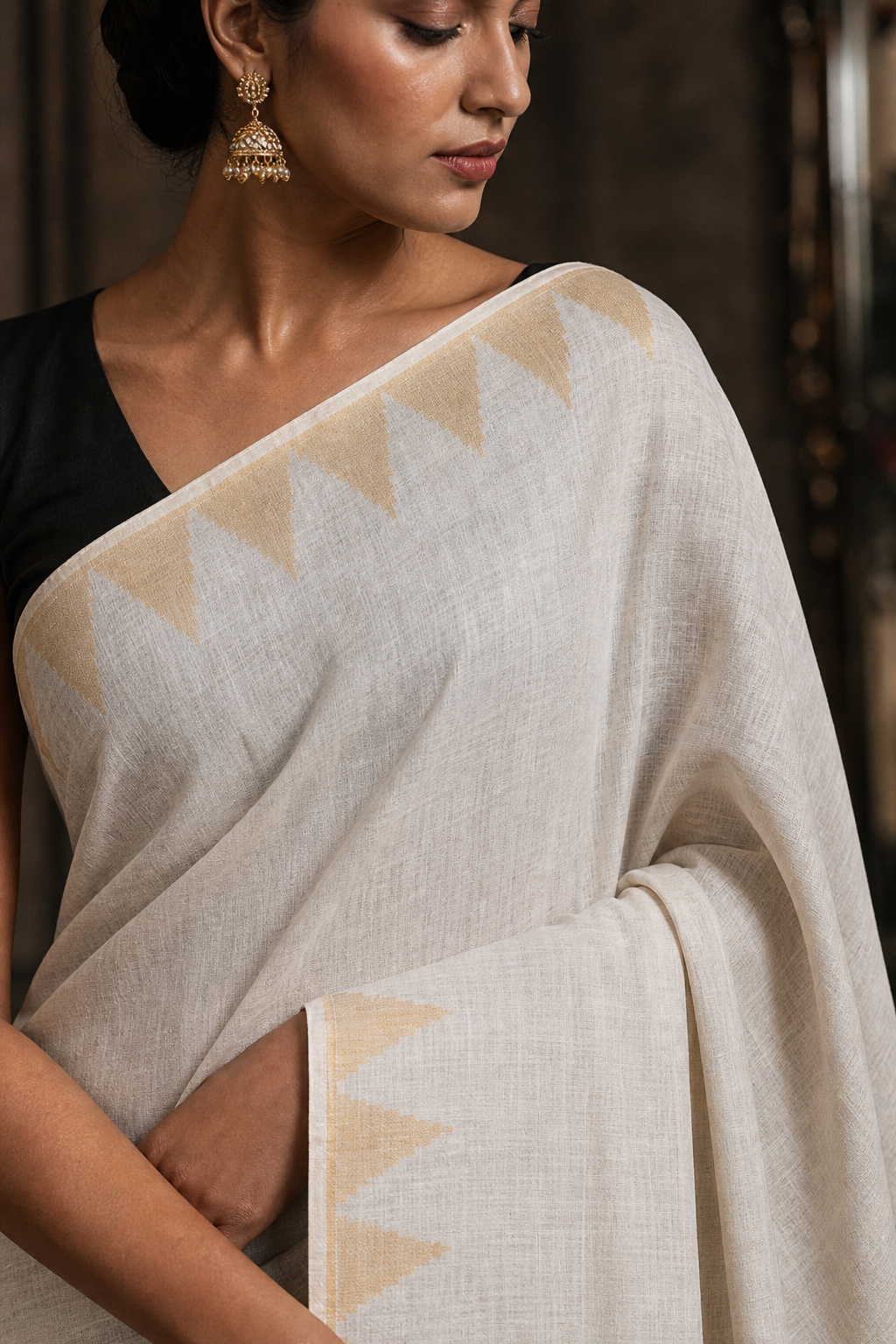 Elegant Off White Linen Saree with Gold Borders - Closeup View