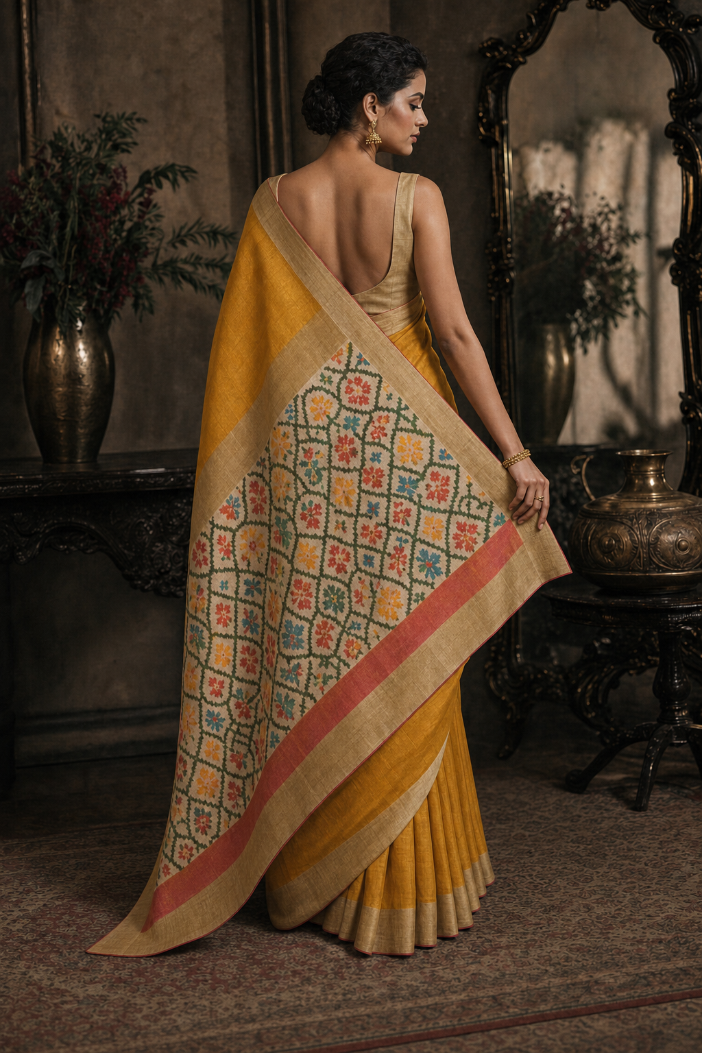 Mustard Pochampally Ikat Silk Saree - Back View