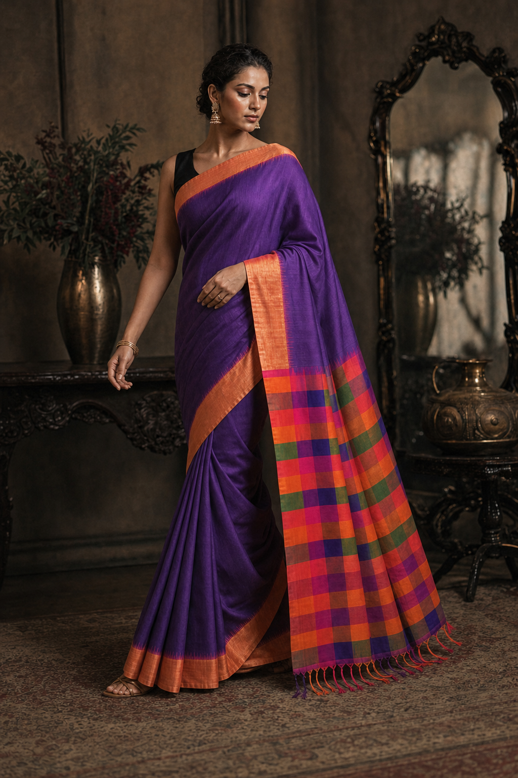 Royal Violet Checks South Silk Saree - Walk View