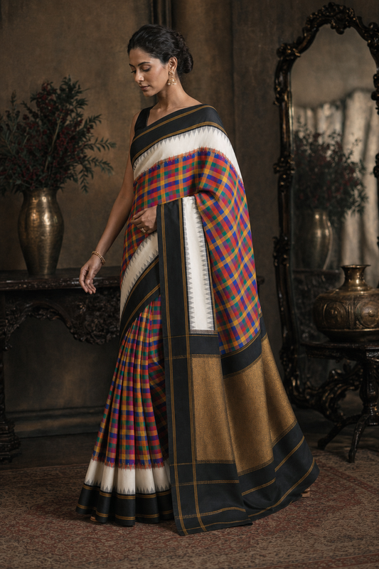 Classic Black Border Multicolor Checks South Silk Saree - Walk View