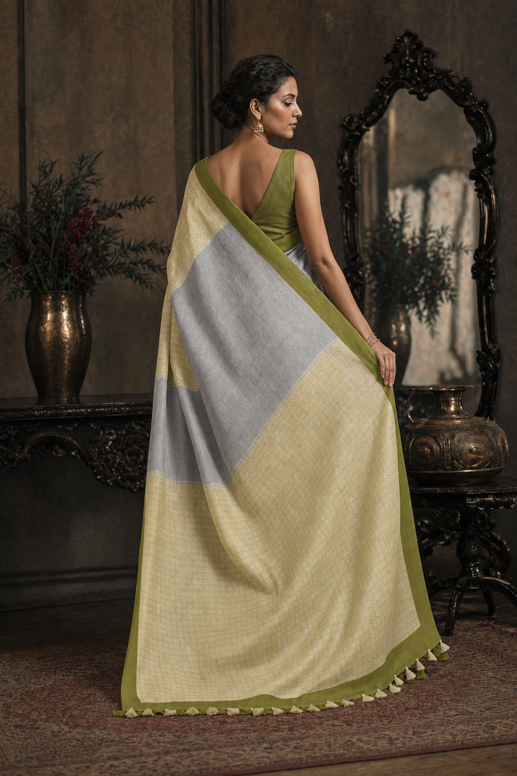 GREY SILVER TINED OLIVE GREEN BORDER MUGA SILK - Back View