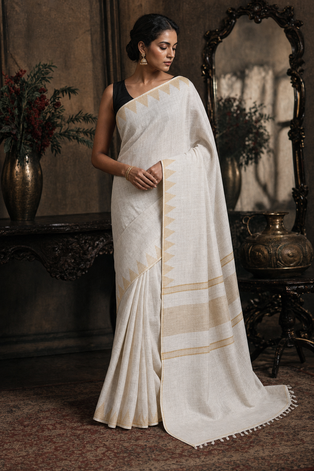 Elegant Off White Linen Saree with Gold Borders - Front View