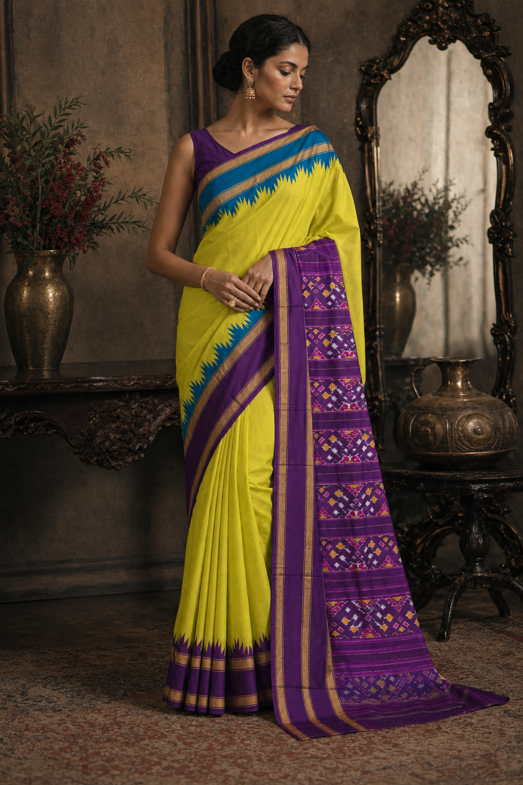 Lime Purple Ikat Patola Saree - Front View