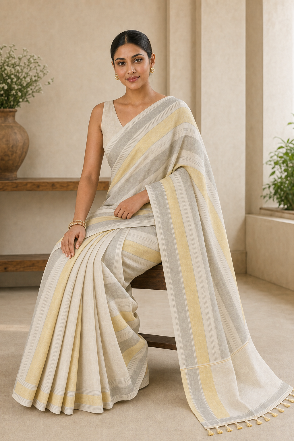 Pastel Yellow Striped Linen Saree - Back View