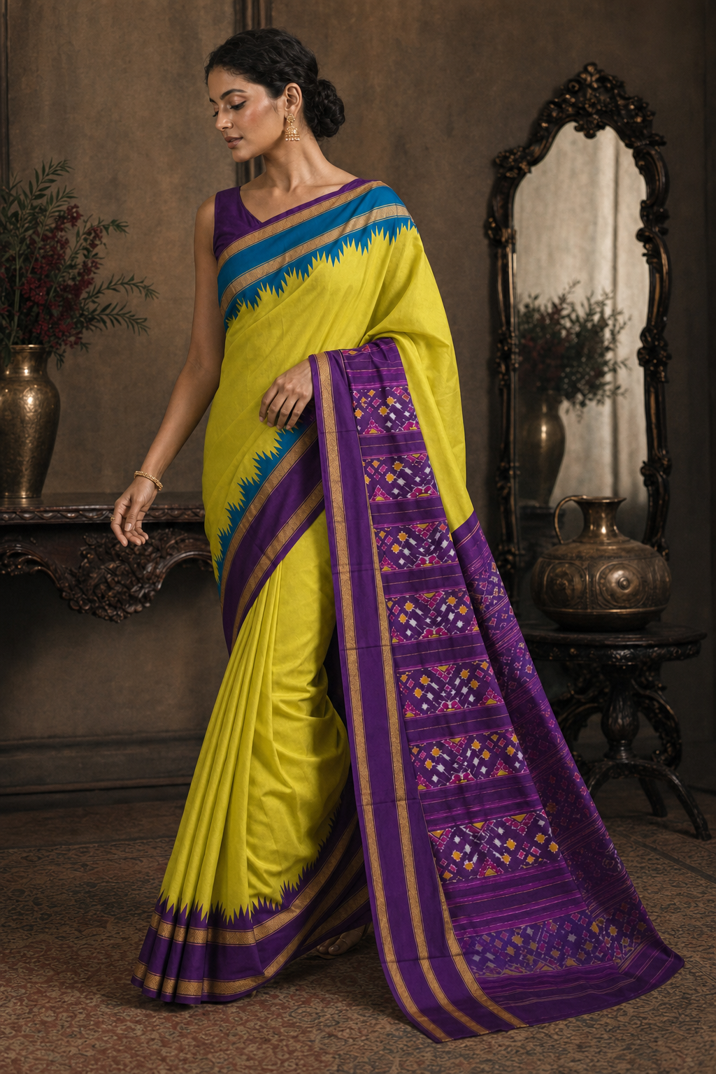 Lime Purple Ikat Patola Saree - Walk View