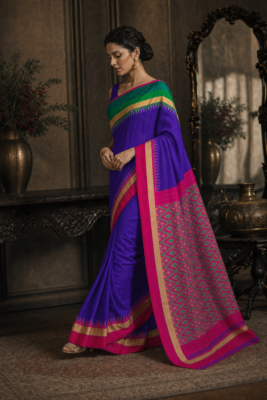 Royal Violet Pink Ikat Patola Saree - Walk View