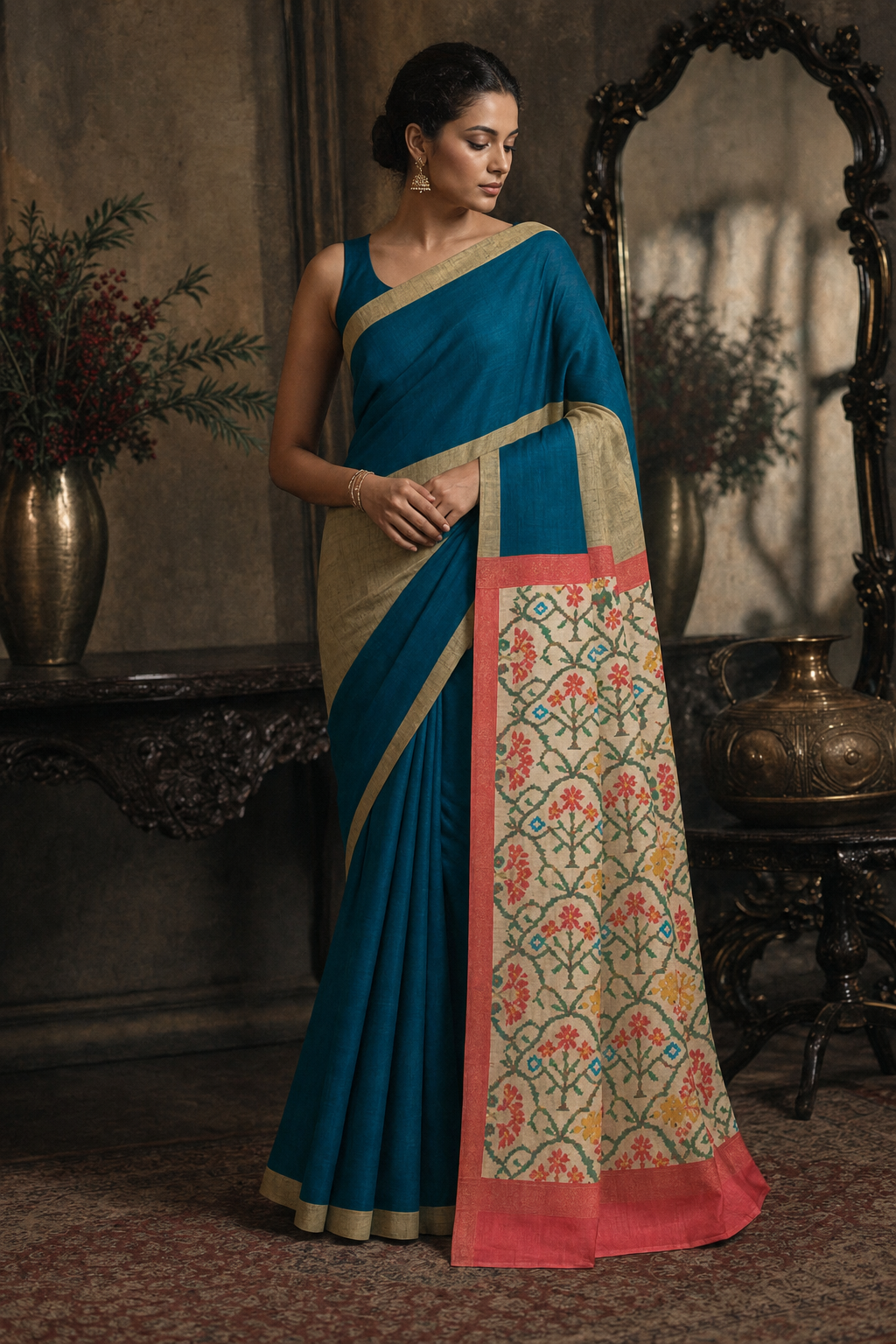 Peacock Blue Pochampally Ikat Silk Saree - Front View