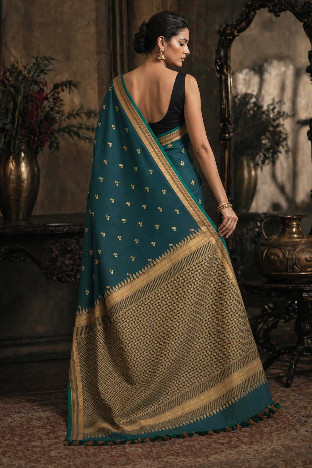 Teal Blue Gold Butti South Silk Saree - Back View