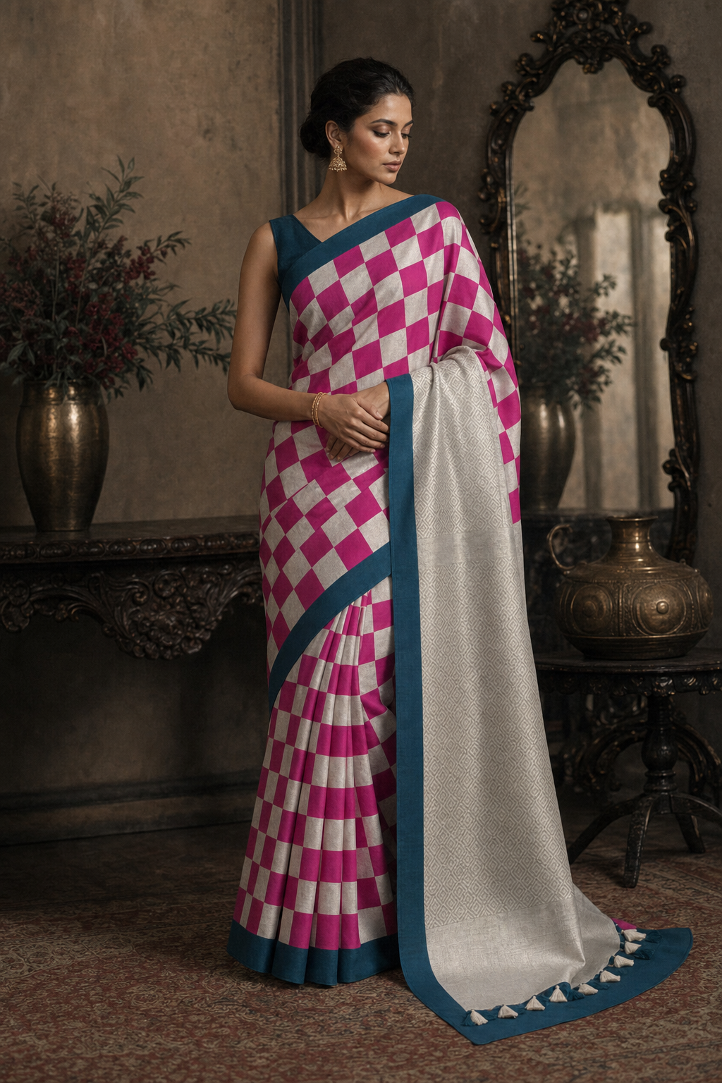 RANI AND ANTIQUE SILVER ZARI CHEX MUGA SILK SAREE - Front View