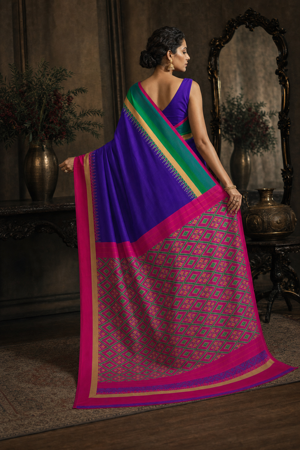 Royal Violet Pink Ikat Patola Saree - Back View