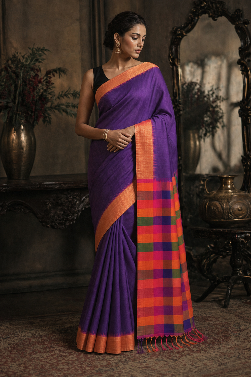 Royal Violet Checks South Silk Saree - Front View