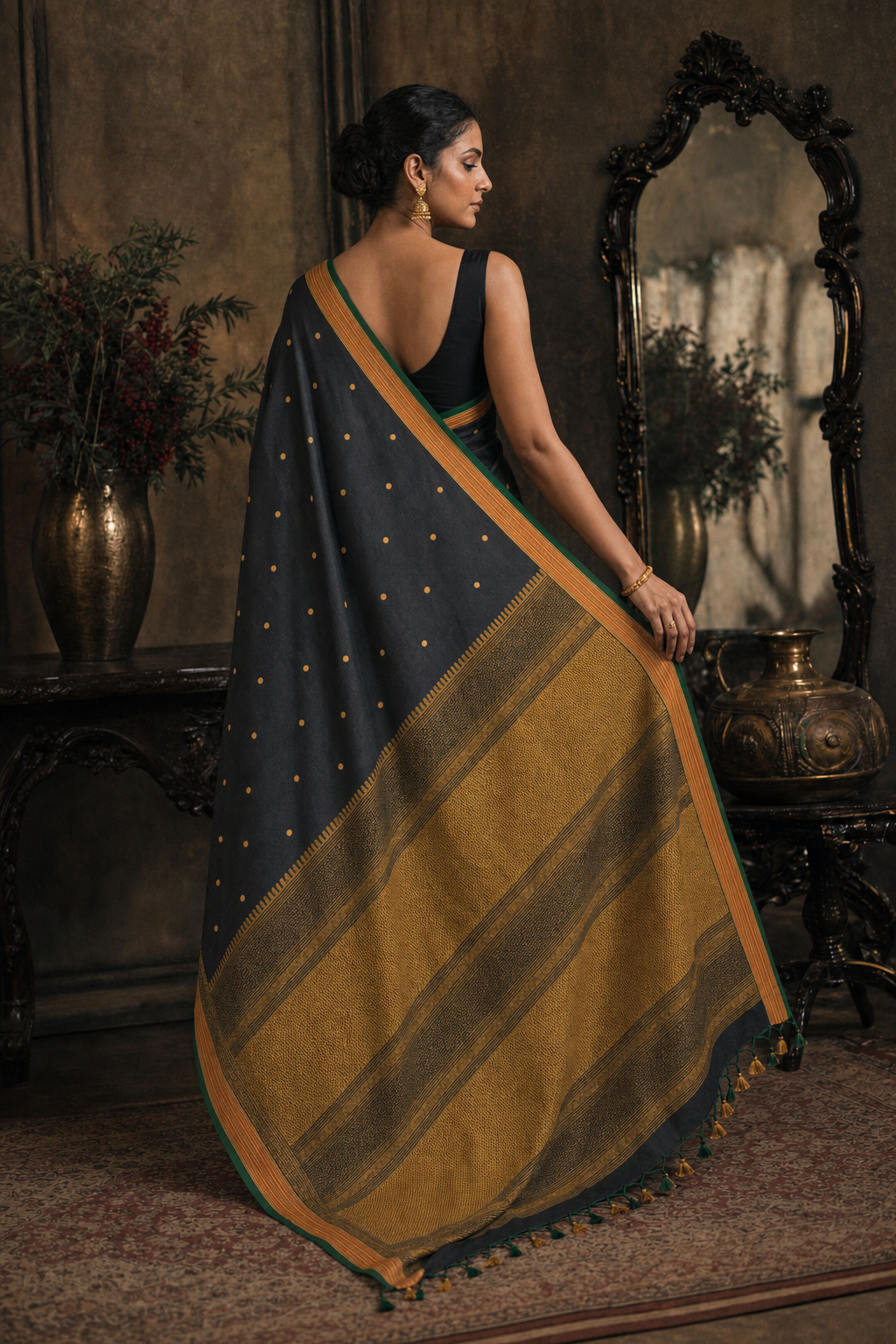 Elegant Black Butti South Silk Saree - Back View
