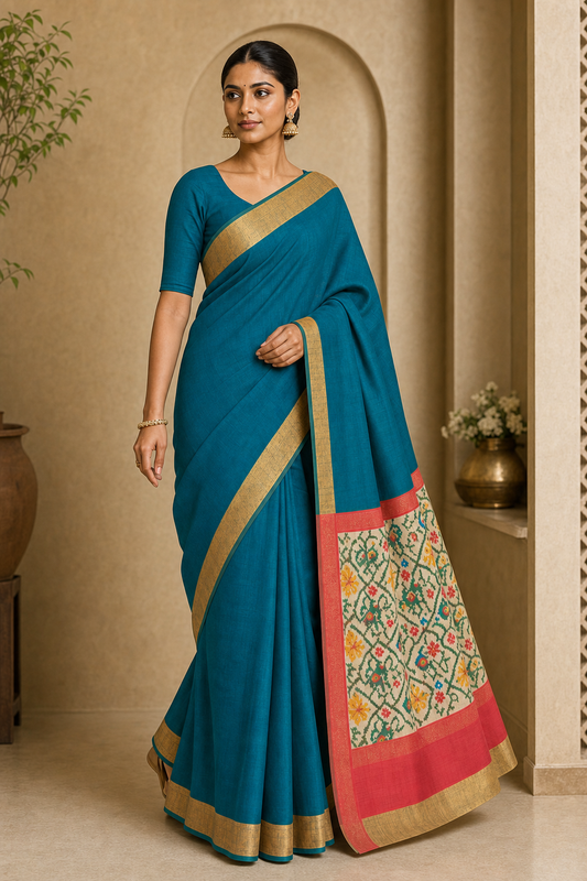 Peacock Blue Pochampally Ikat Silk Saree - Walk View
