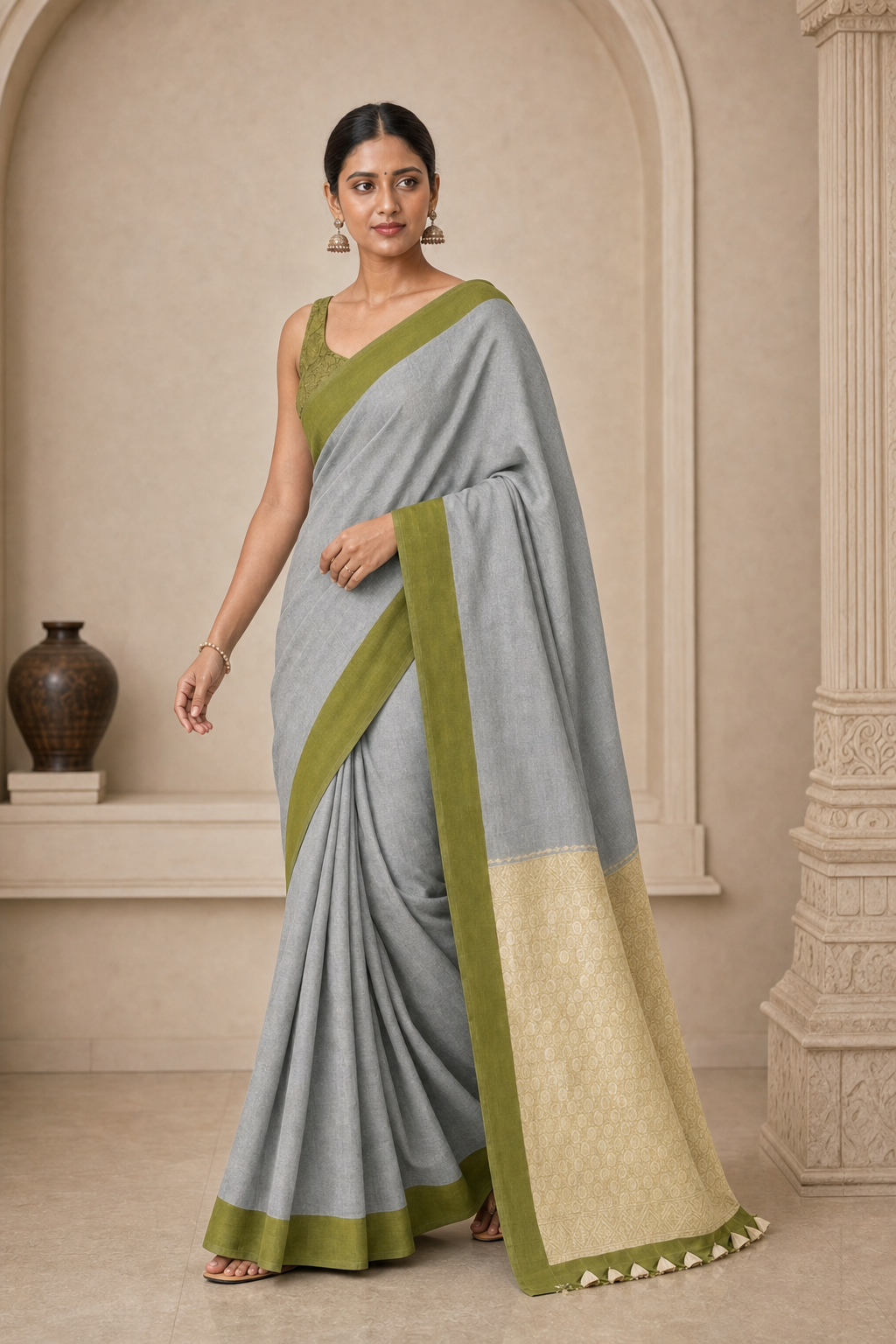 Grey Silver Toned Olive Green Border Muga Silk - Walk View