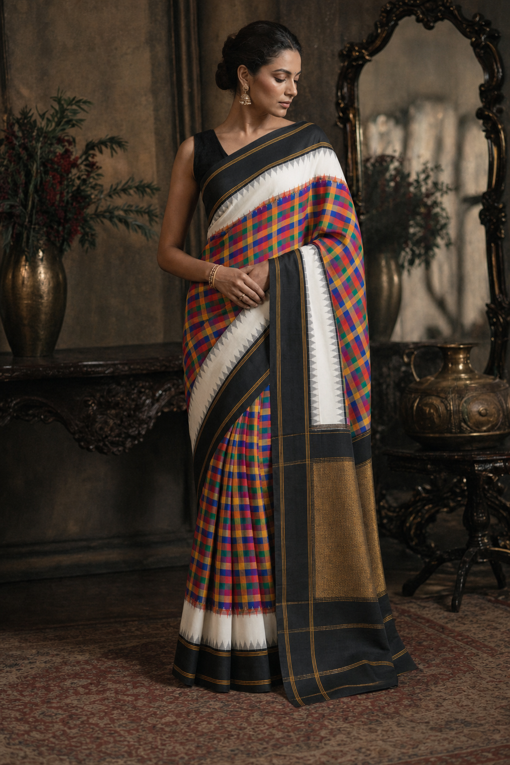 Classic Black Border Multicolor Checks South Silk Saree - Front View