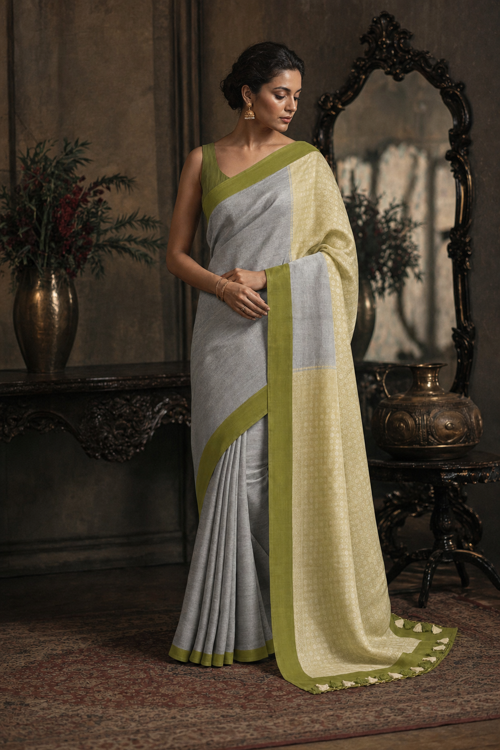 GREY SILVER TINED OLIVE GREEN BORDER MUGA SILK - Front View
