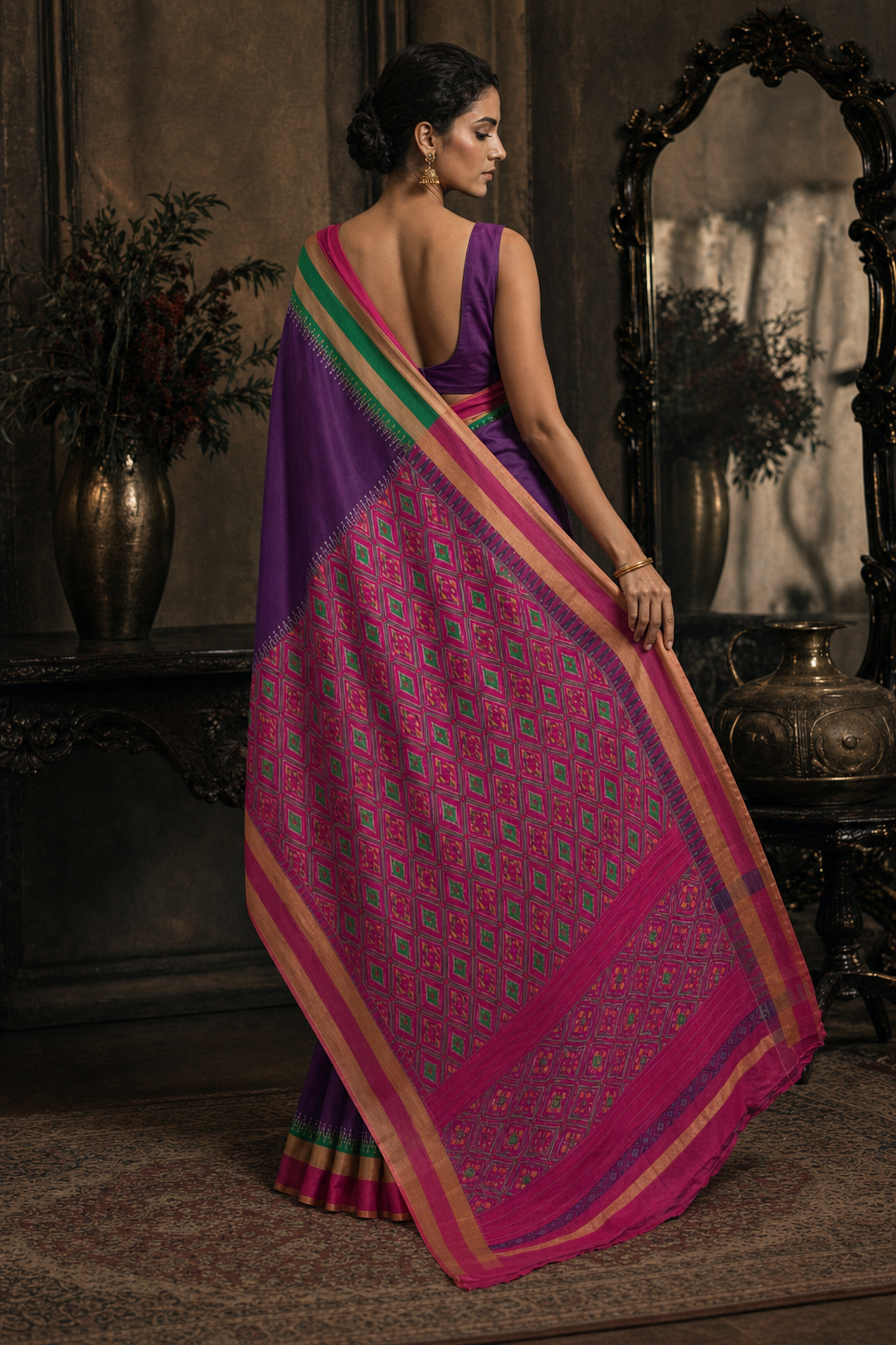 Emerald Violet Ikat Patola Saree - Back View