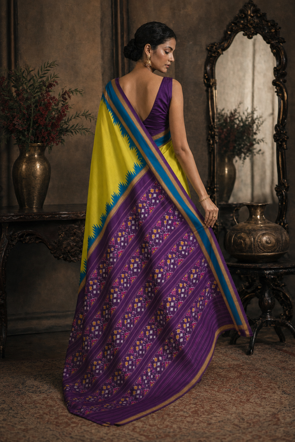 Lime Purple Ikat Patola Saree - Back View