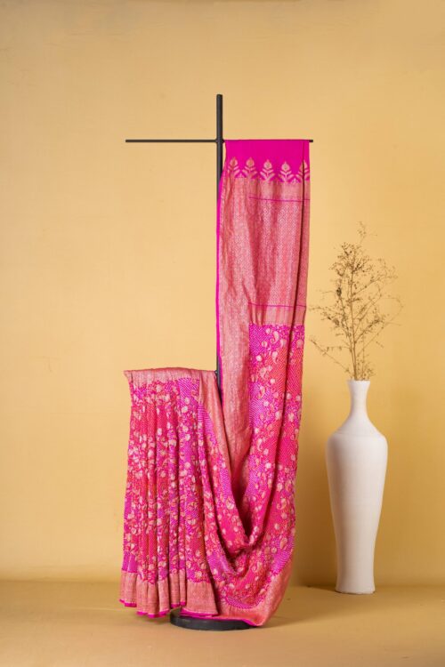 Shocking Pink Gorgette Tie-Dye Bandhani Saree