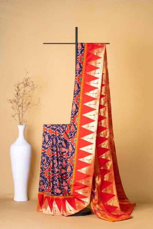 Blue And Red Double ikkat Patola With Real Paithani Temple Border Silk Fusion Saree
