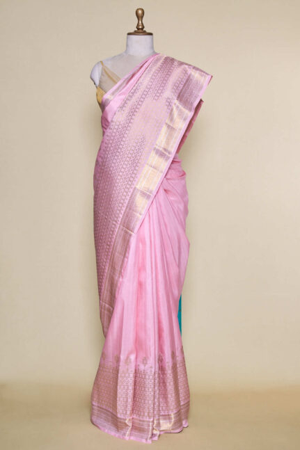 Baby Pink With Firozi Blouse Kanchipuram Real Zari Silk Saree