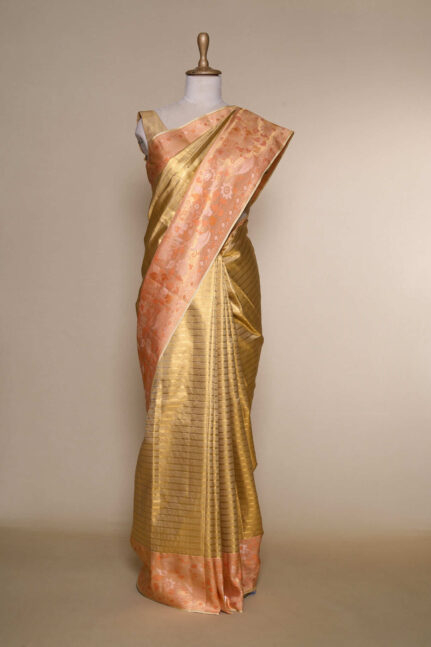 Golden With Peachis Orange Border Kanchipuram Silk Saree