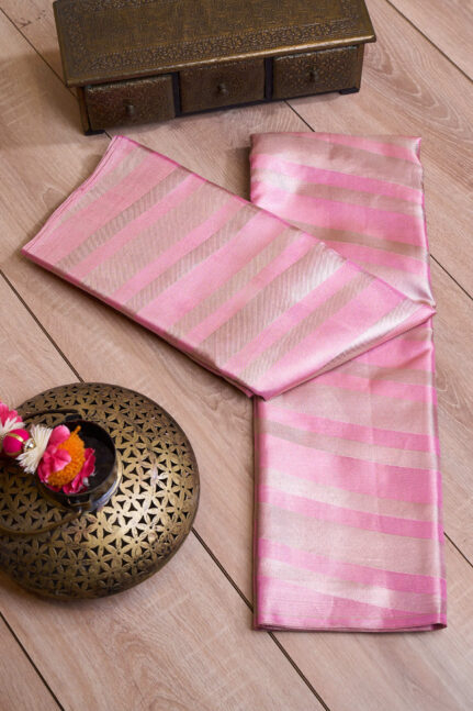 Light Pink With Champagne Zari Horizontal Stripe Kanchipuram Silk Saree