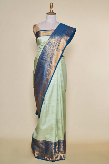 Mint Green With Garnet Blue Border Kanchipuram Silk Saree