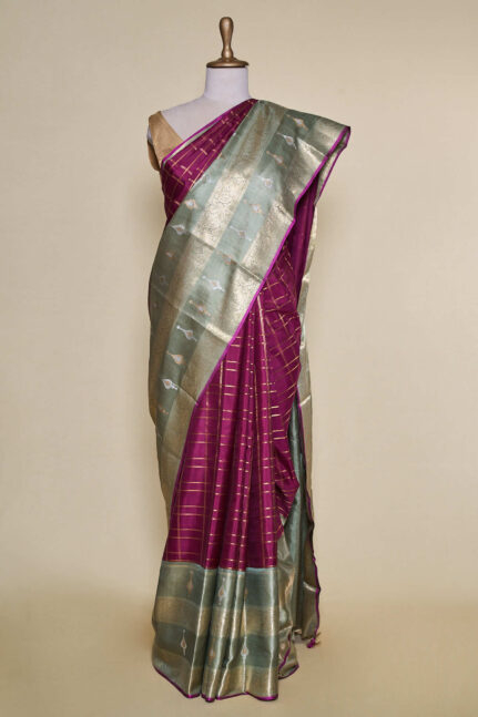 Short Maroon With Mehendi Green Border Kanchipuram Real Zari Silk Saree