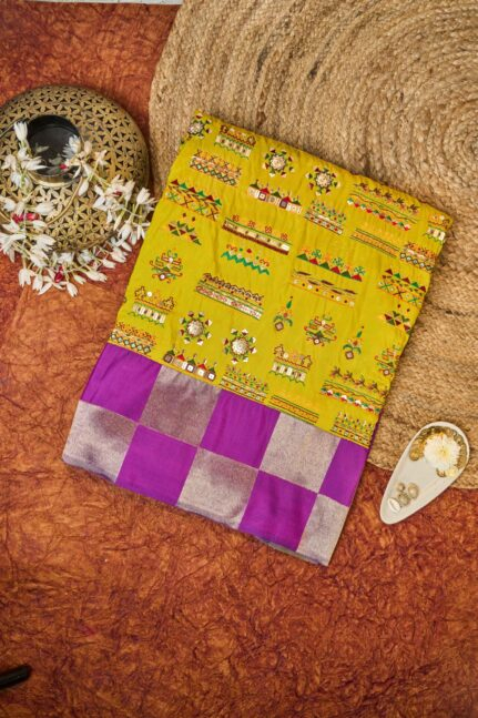 Mint-Pista Kanjivaram with Dharwadi work & Purple Border Signature Silk Saree