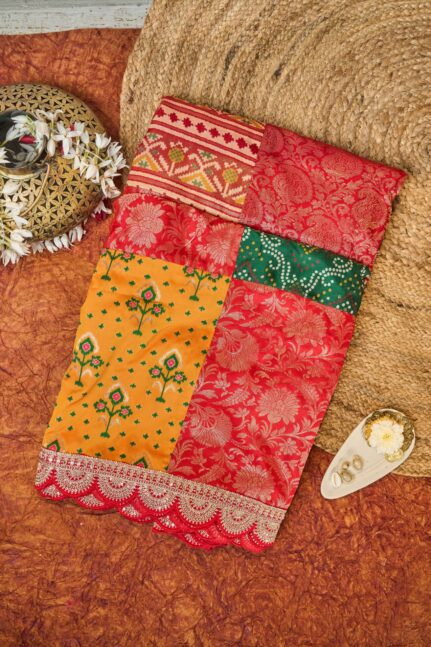 Multi-Color Brocade Bandhani & Paithani with Red Zardosi Cut-work Chex Pallu Signature Saree