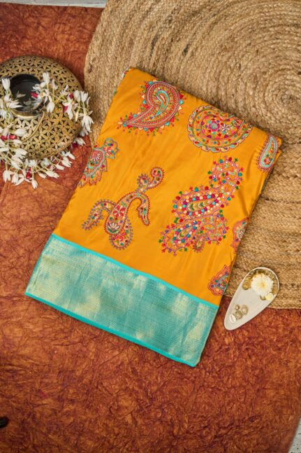 Mustard Kanjivaram with Kashmiri Handwork Signature Silk Saree