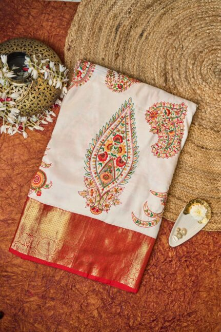 Off-White Kanjivaram with Kashmiri Handwork Signature Silk Saree