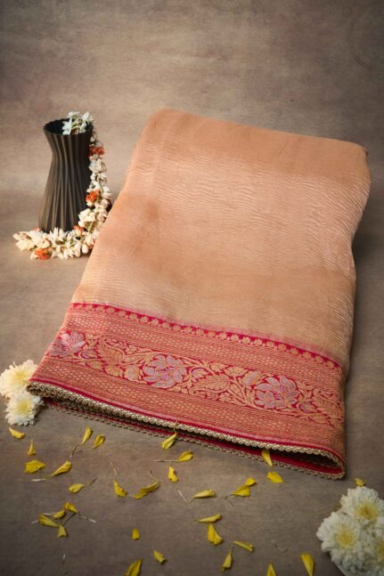 Rose Gold Crush Tissue with Banarasi Georgette Bandhani Pallu & Border Signature Silk Saree