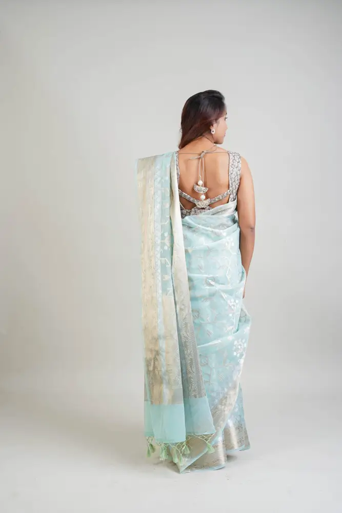 Aqua Green Dhakai Organza