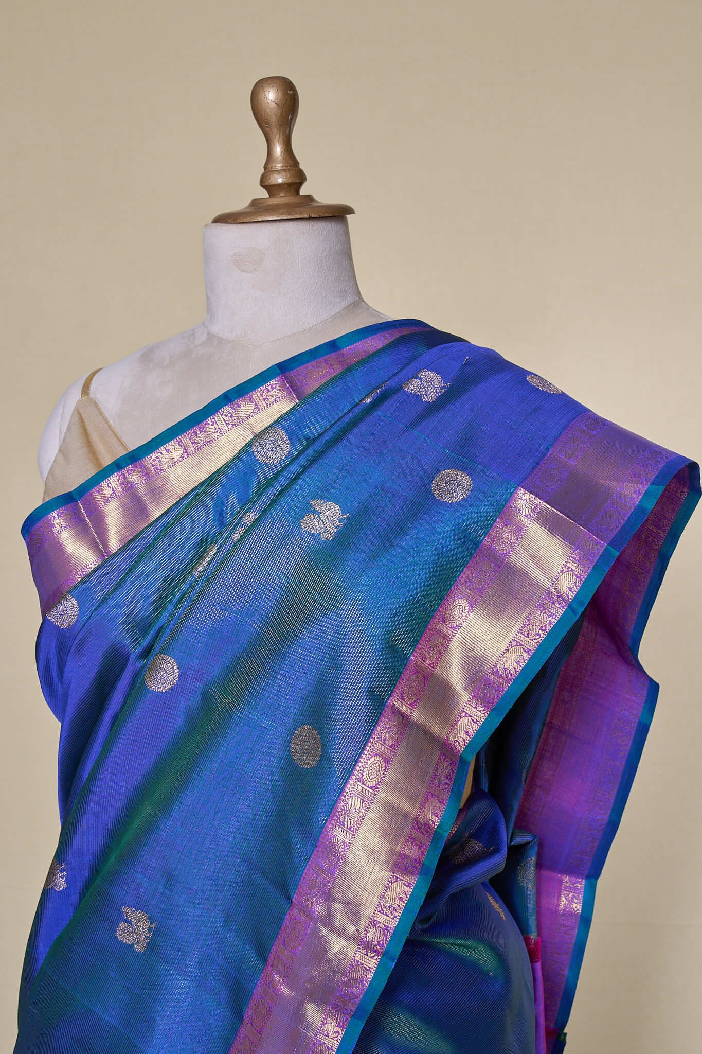Blue With Green Shade Real Zari Kanchipuram Ushi Zari Silk Saree