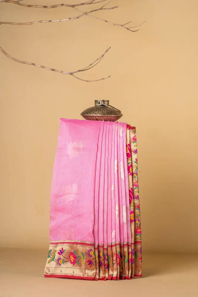 Baby Pink Kadva Linen Paithani Lotus Border & Pallu Fusion Saree