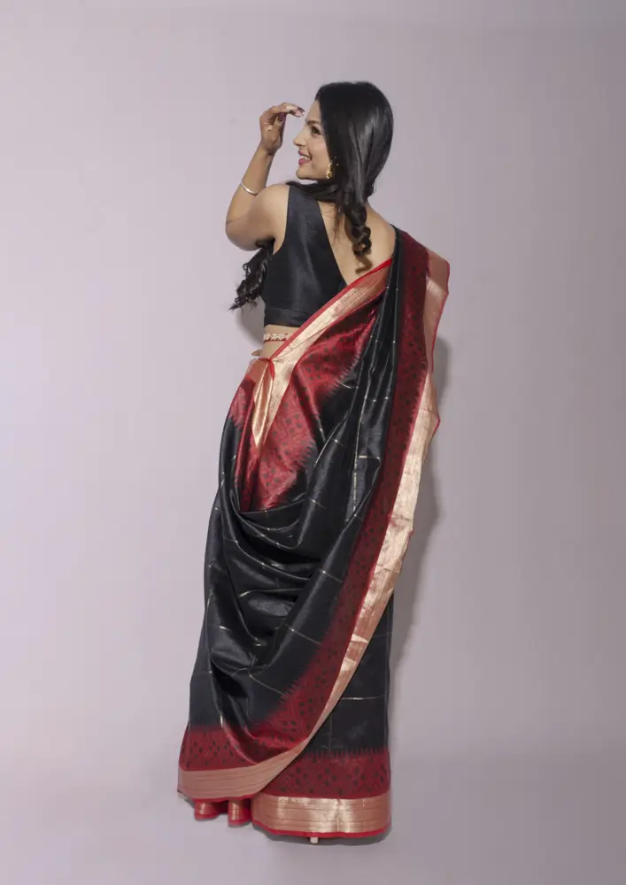 Black Maroon Tussar Woven Saree
